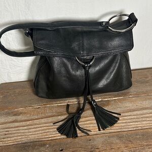 Alfani Black Leather Shoulder Bag with Tassel Details